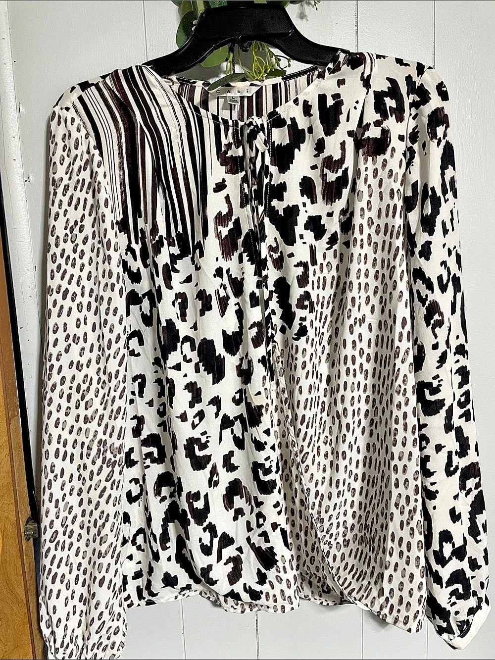 CAbi Printed Long Sleeve Blouse in White & Black Like New